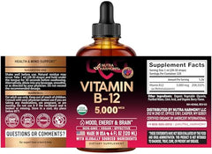 NUTRAHARMONY B12 drops bottle back label, detailing USDA Organic and sugar-free notes.