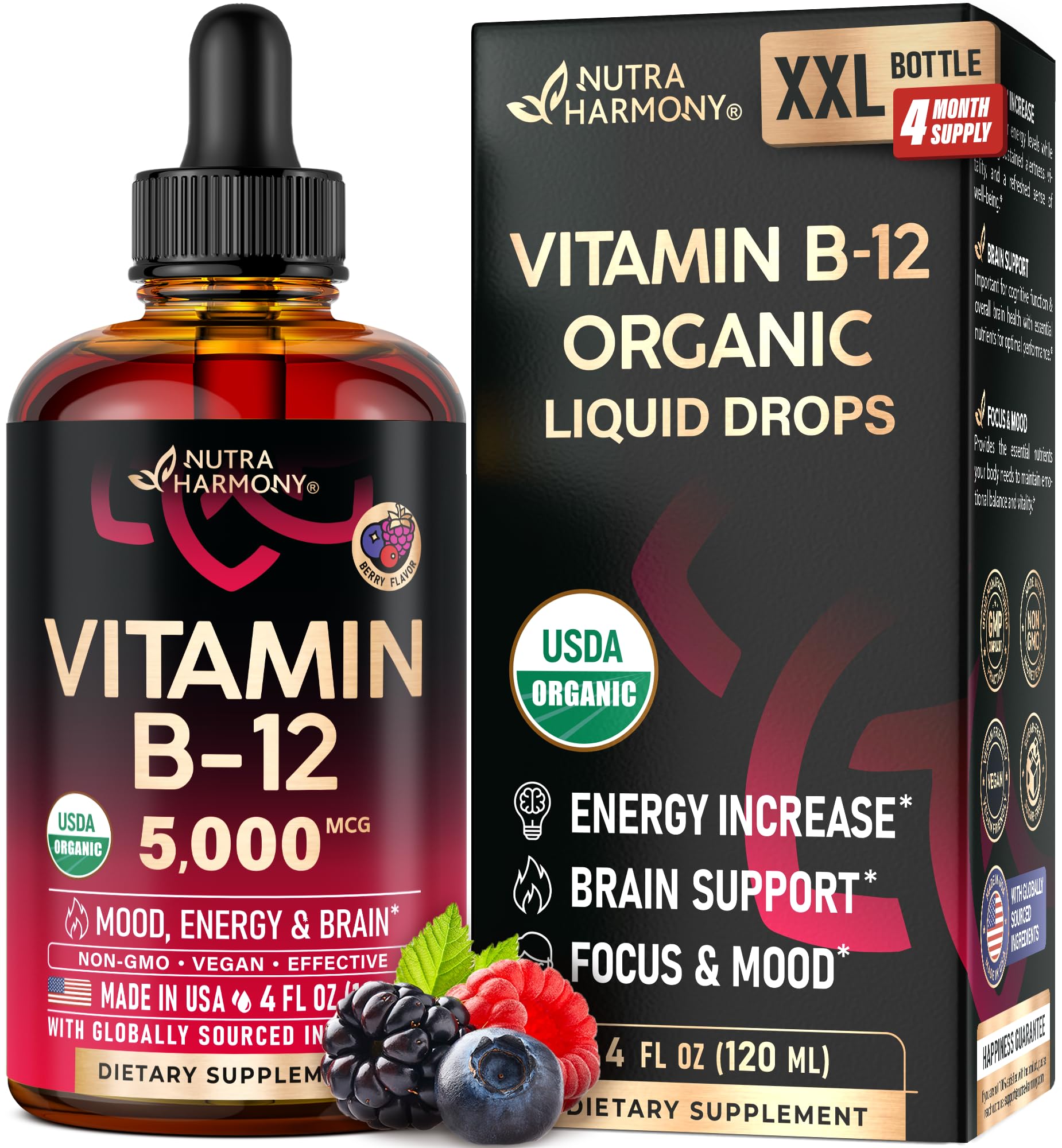NUTRAHARMONY B12 drops bottle front, highlighting vegan 5000 mcg formula for energy support.