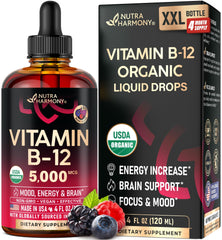 NUTRAHARMONY B12 drops bottle front, highlighting vegan 5000 mcg formula for energy support.