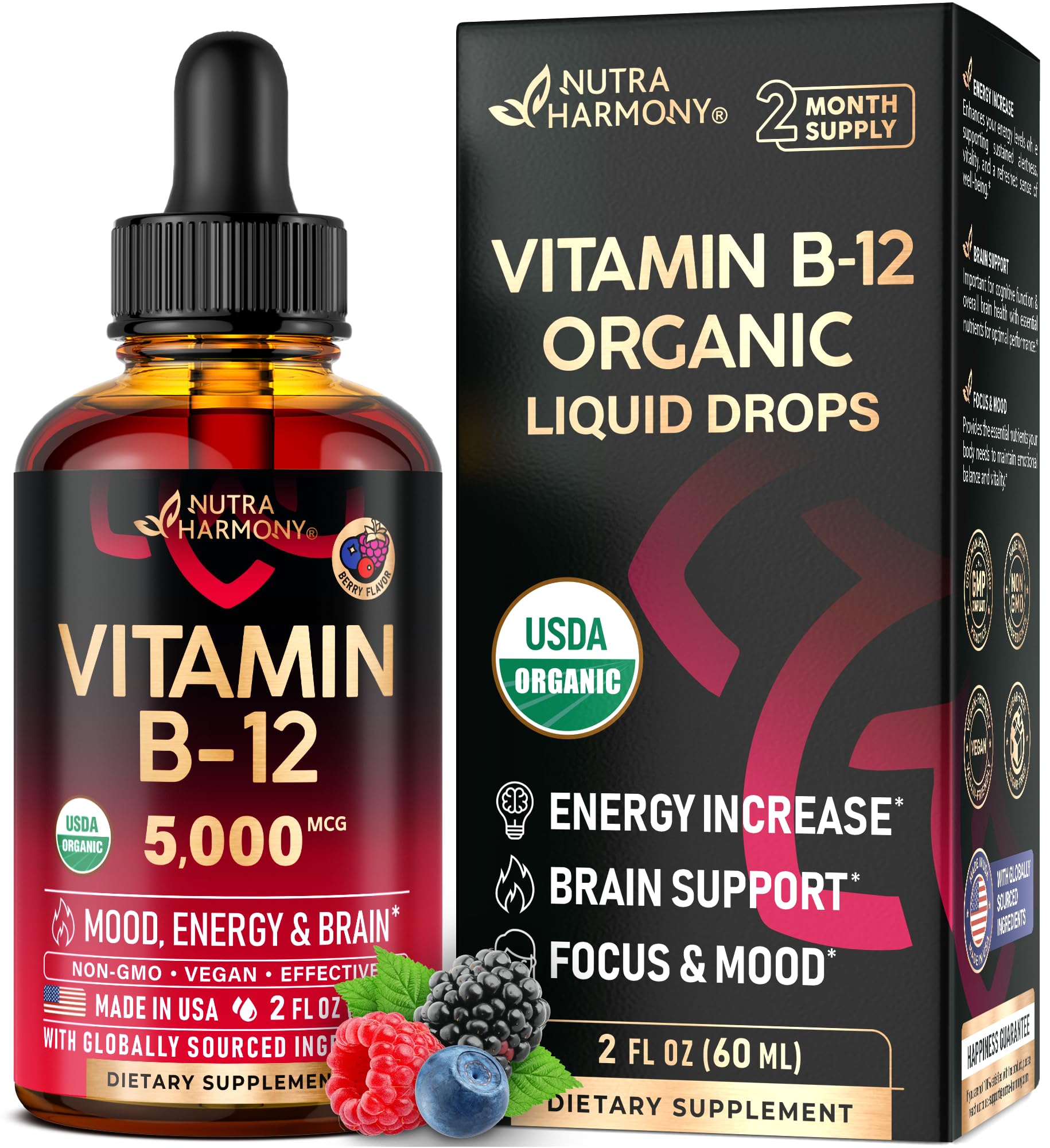 NutraHarmony B12 drops bottle showing energy and focus support