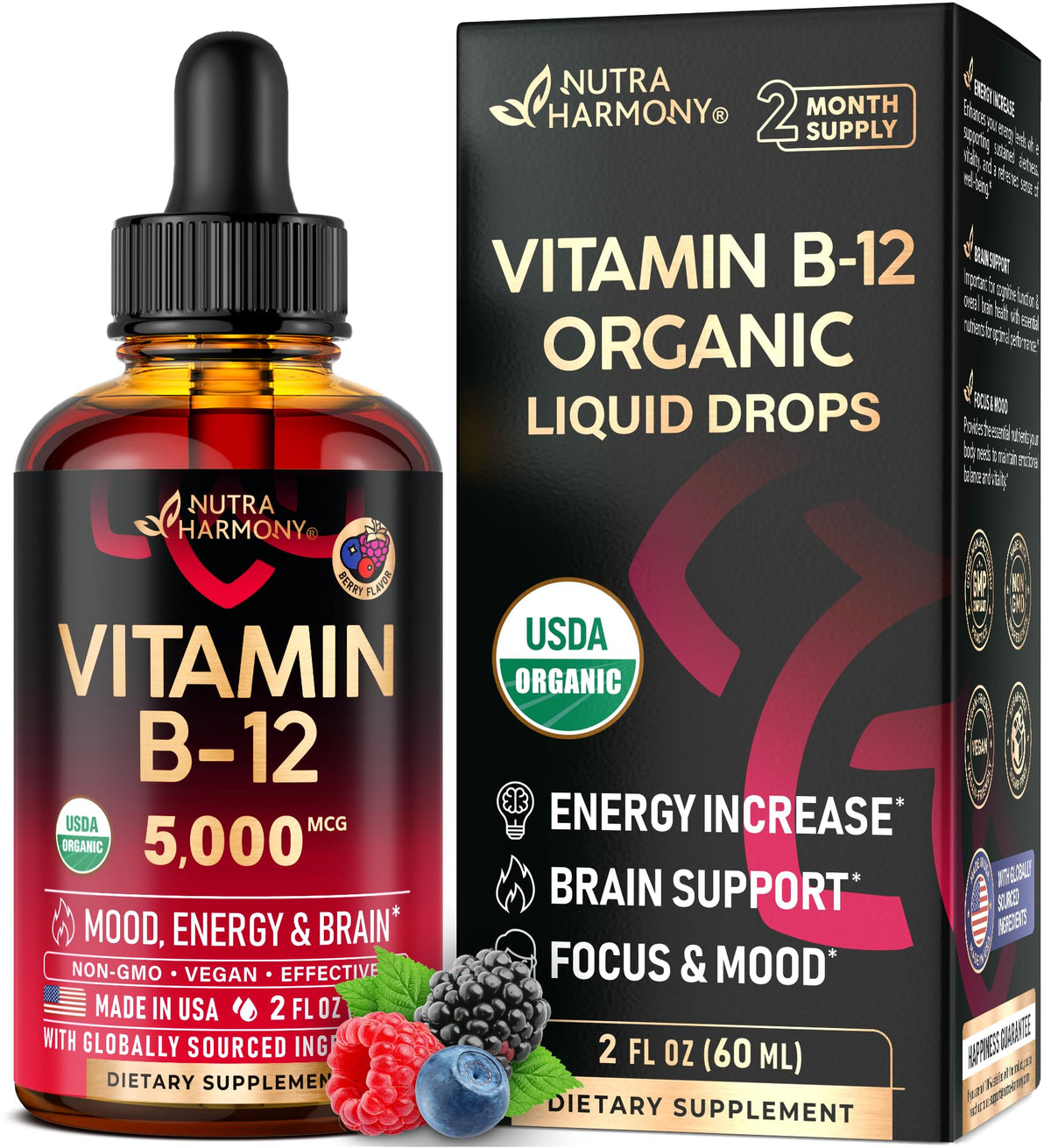 NutraHarmony B12 drops bottle showing energy and focus support