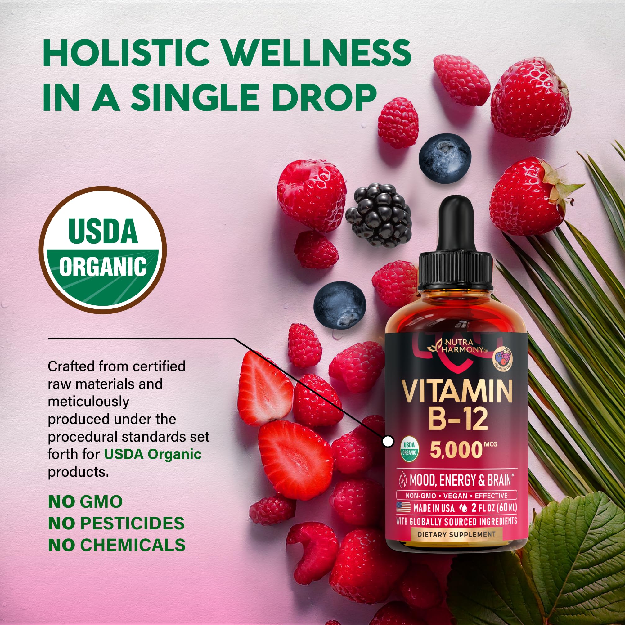 NutraHarmony B12 bottle label highlights vegan formula