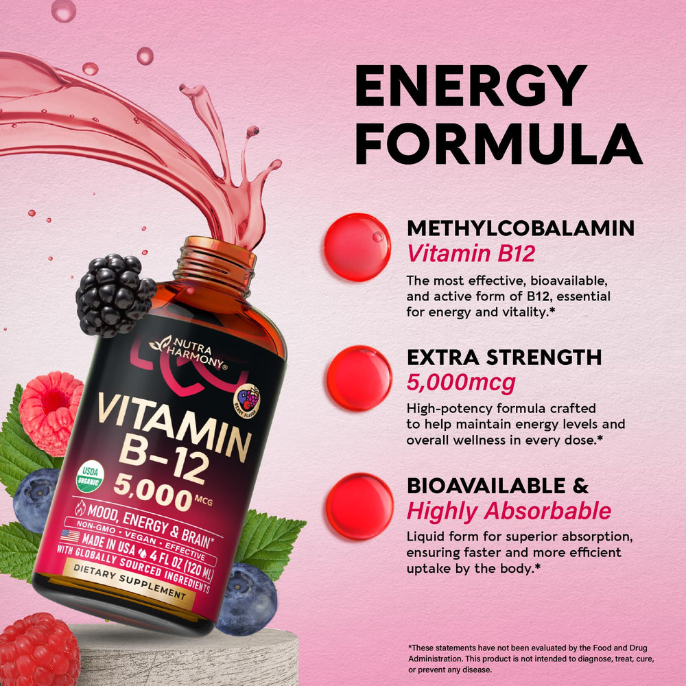 NUTRAHARMONY B12 drops organic certification seal, underscoring quality and purity.