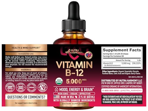 NutraHarmony B12 drops pour with berry flavor visible