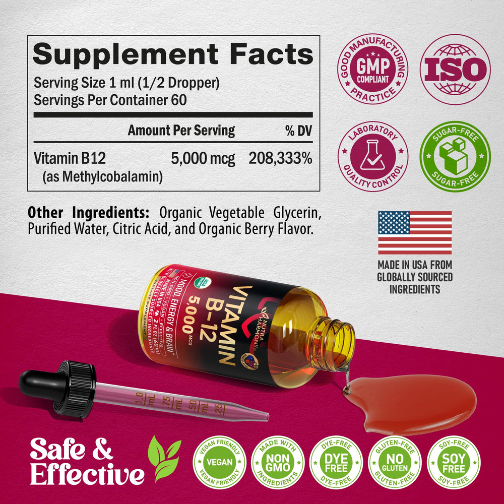 NutraHarmony B12 drops vegan GMO-free formula emphasizes lifestyle