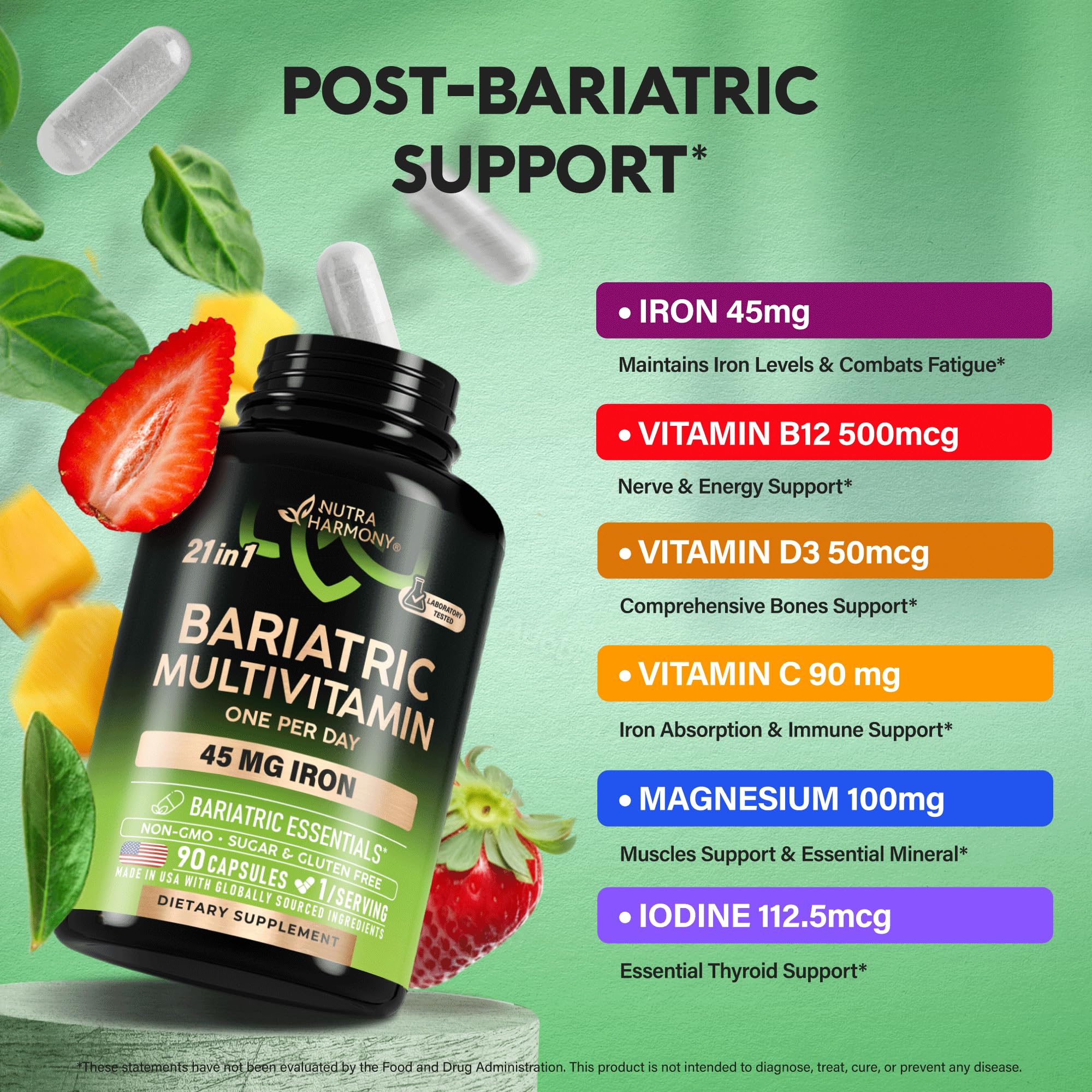 NUTRAHARMONY bariatric multivitamin 21 vitamins graphic highlights comprehensive nutrients