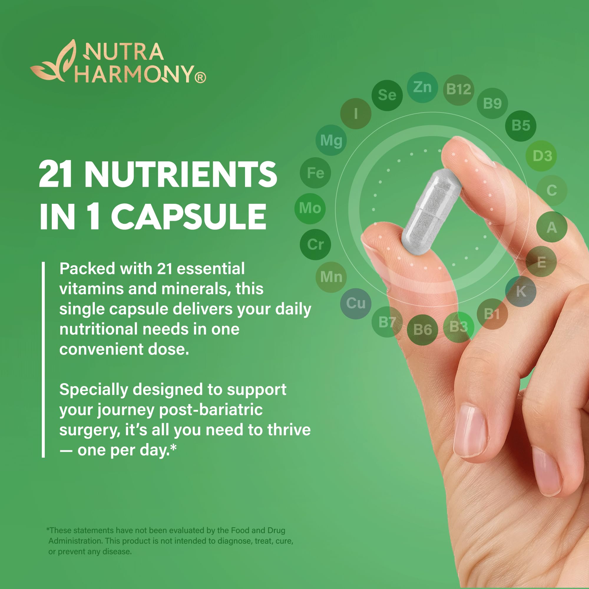 NUTRAHARMONY bariatric multivitamin box and bottle ready for routine