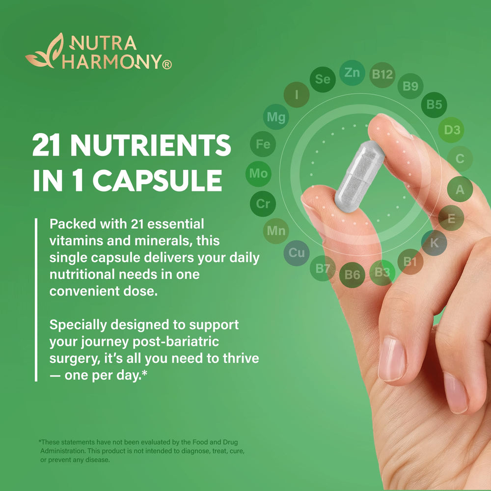 NUTRAHARMONY bariatric multivitamin box and bottle ready for routine