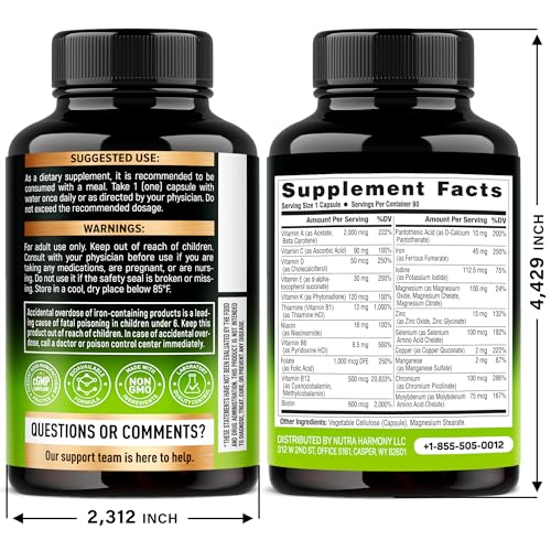 NUTRAHARMONY bariatric multivitamin label back shows ingredient overview