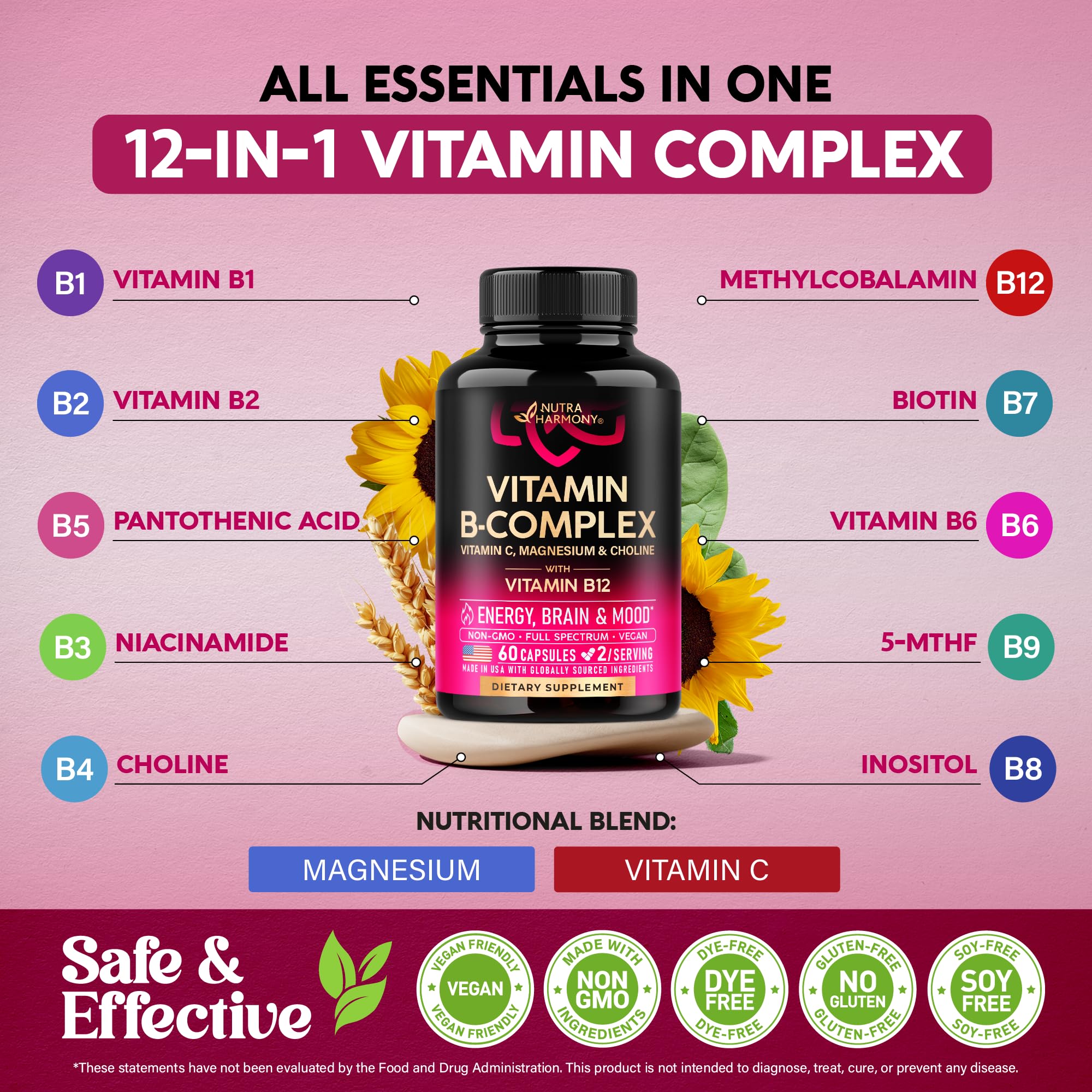NUTRAHARMONY B-Complex capsules in hand for easy dosing.