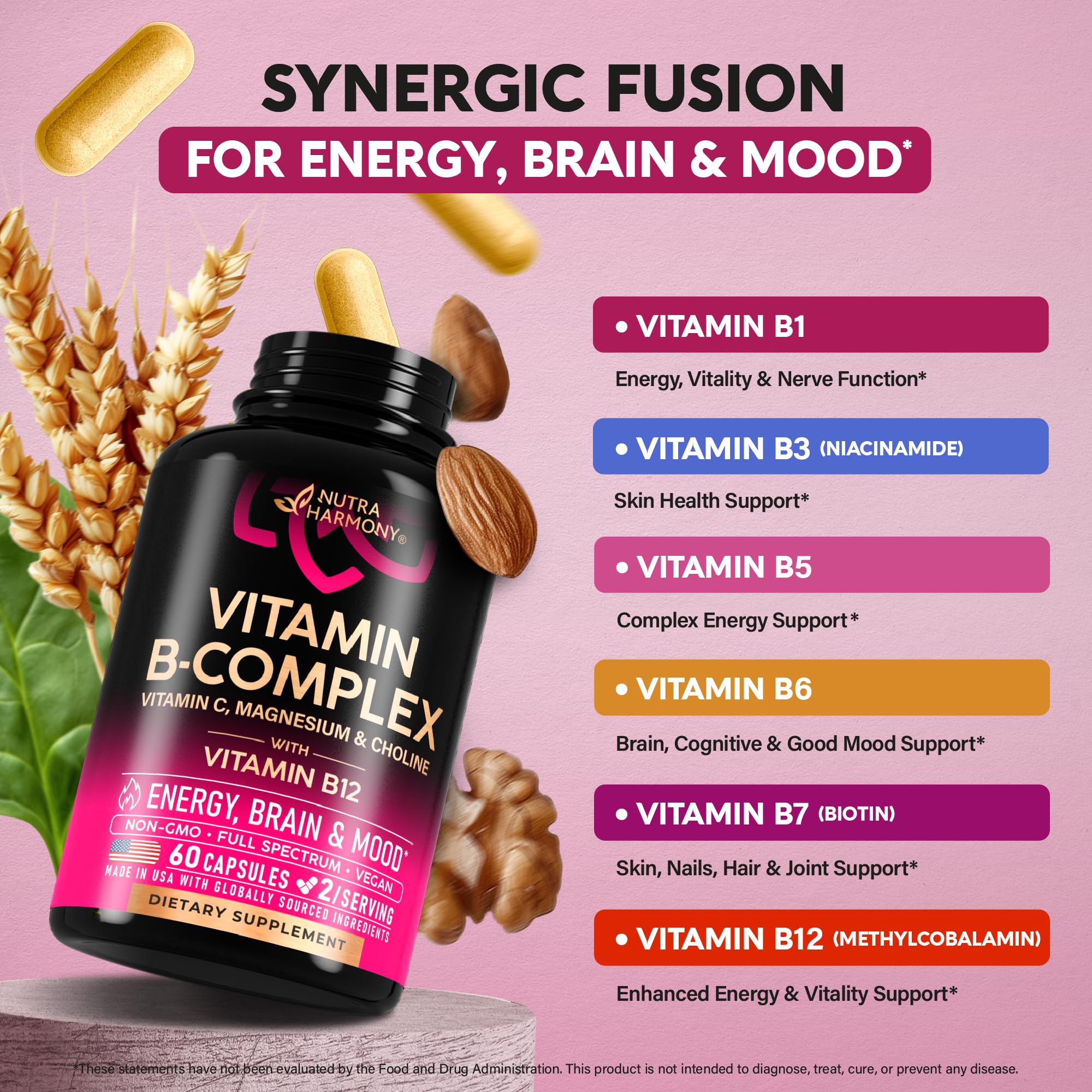 NUTRAHARMONY B-Complex label closeup shows active Vitamin forms.