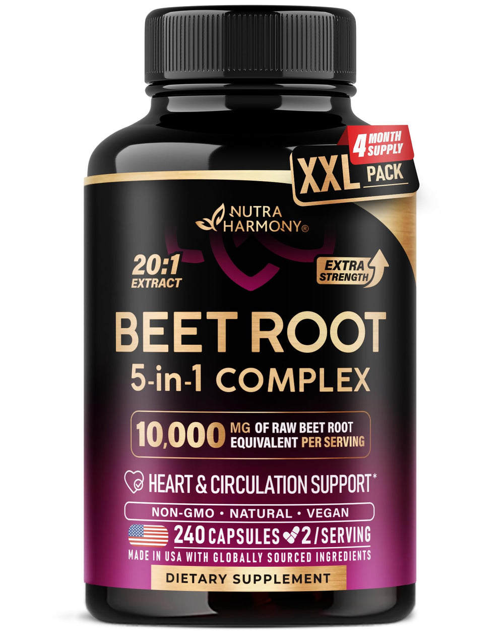NUTRAHARMONY Beet Root 5-in-1 capsules bottle supports daily heart health and circulation.