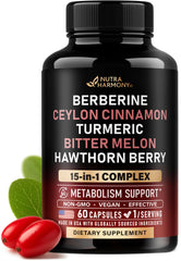 NutraHarmony Berberine Cinnamon bottle close-up highlighting metabolism support.