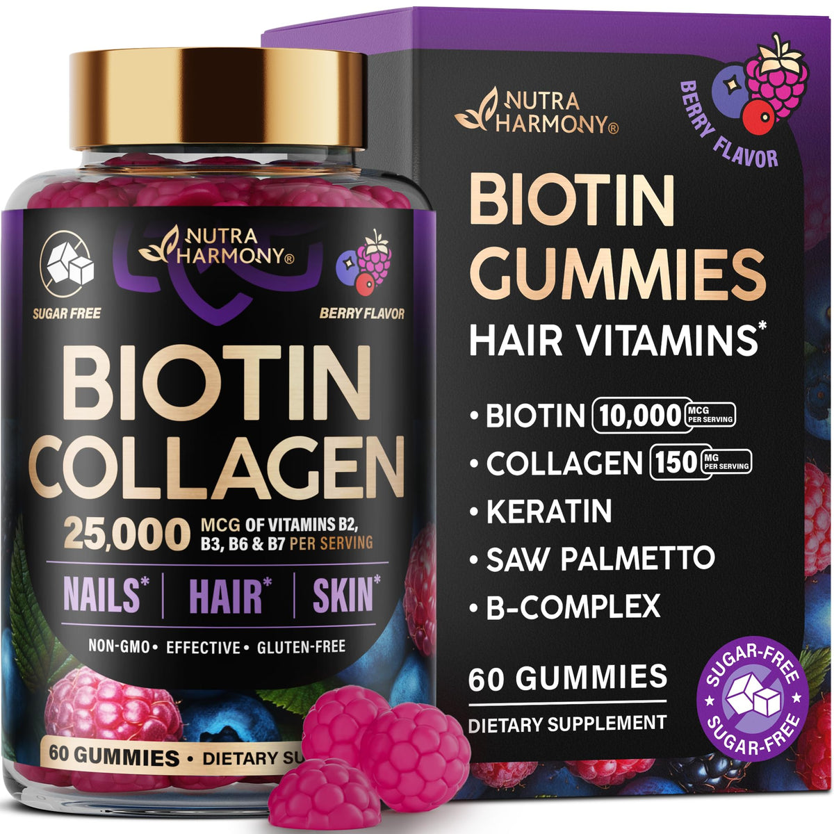 NUTRAHARMONY Biotin Collagen bottle—sugar-free beauty support for hair, skin, and nails.