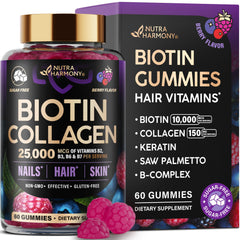 NUTRAHARMONY Biotin Collagen bottle—sugar-free beauty support for hair, skin, and nails.