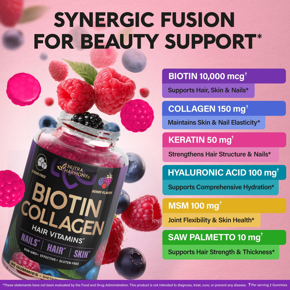 Nutraharmony Biotin Collagen Gummies label features a 21-in-1 blend for beauty care.