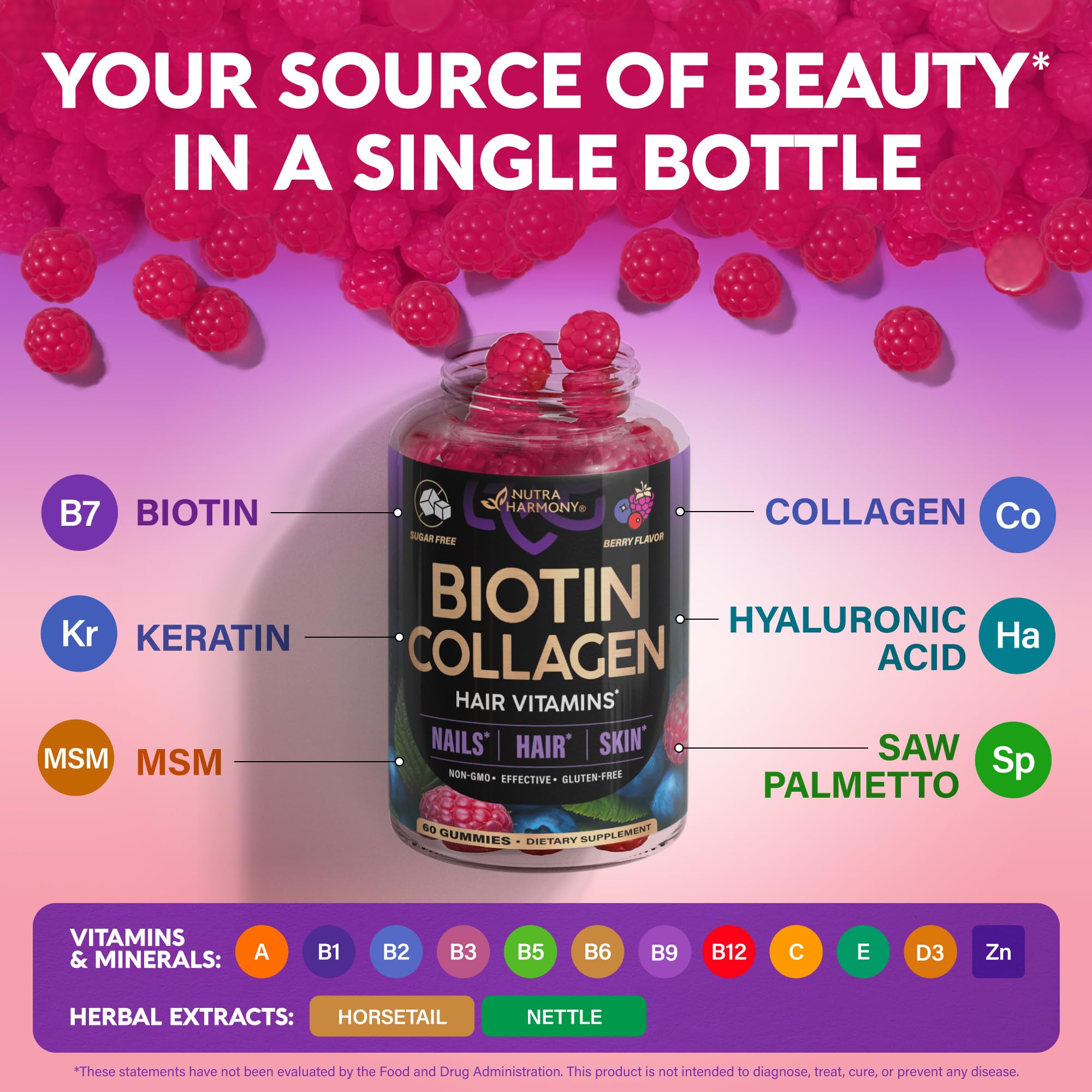 Nutraharmony bottle with mixed berry flavor appealing to beauty routines.