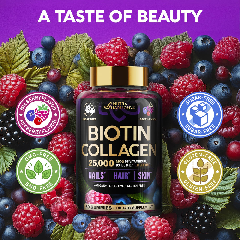 NUTRAHARMONY Biotin Collagen gummies pack ready for daily use.