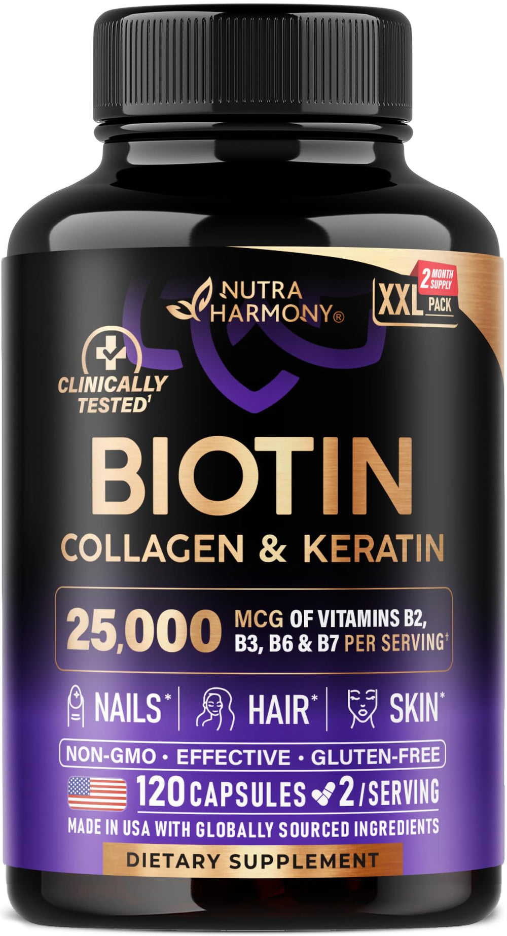 NutraHarmony Biotin-Collagen-Keratin bottle pour for daily beauty support.