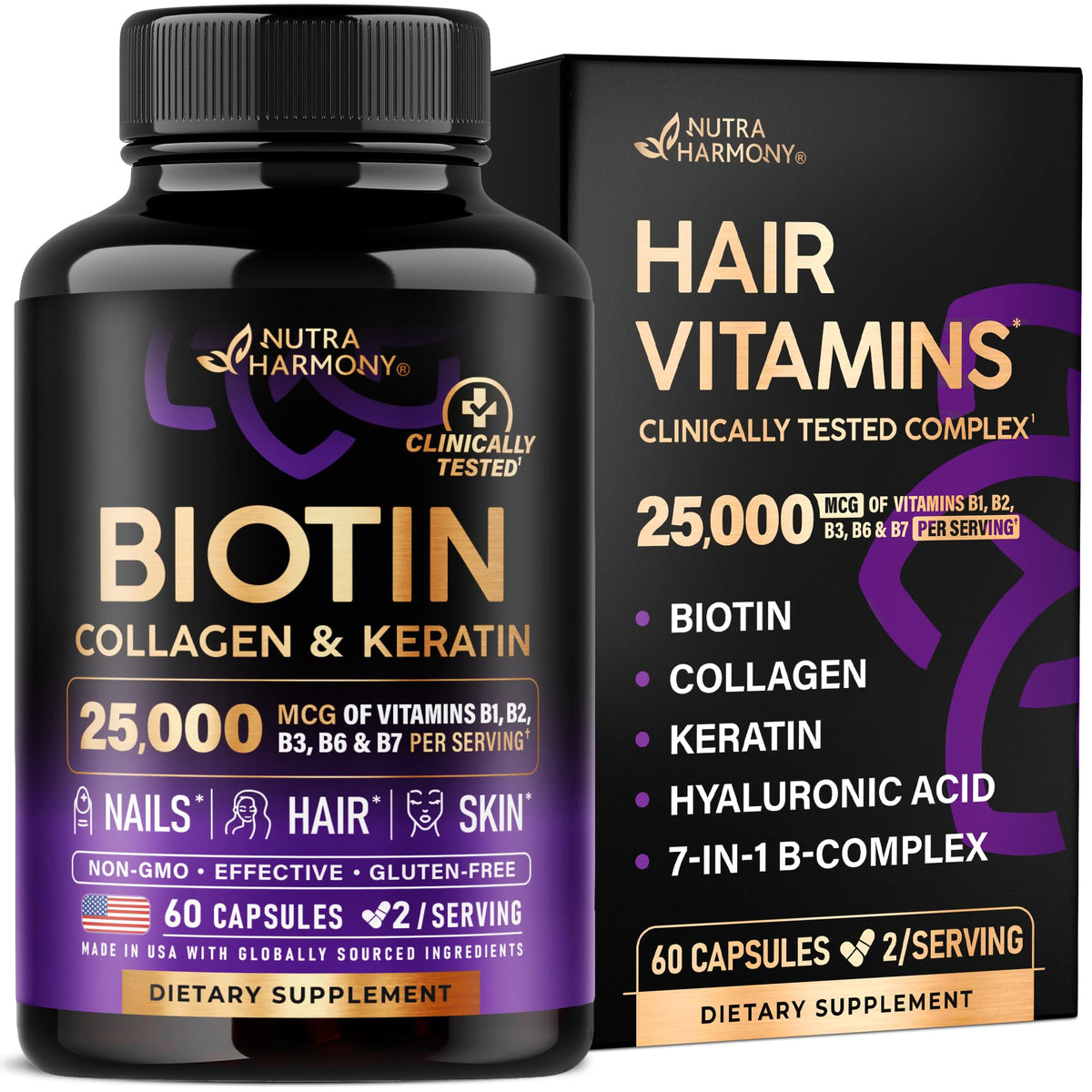 NUTRAHARMONY biotin-collagen-keratin bottle supports hair vitality and skin resilience.