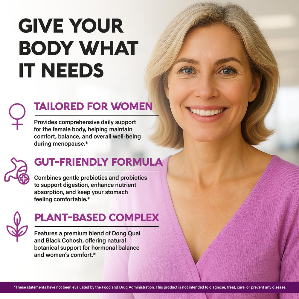 NutraHarmony black cohosh tablets visible: gentle balance during menopausal changes.