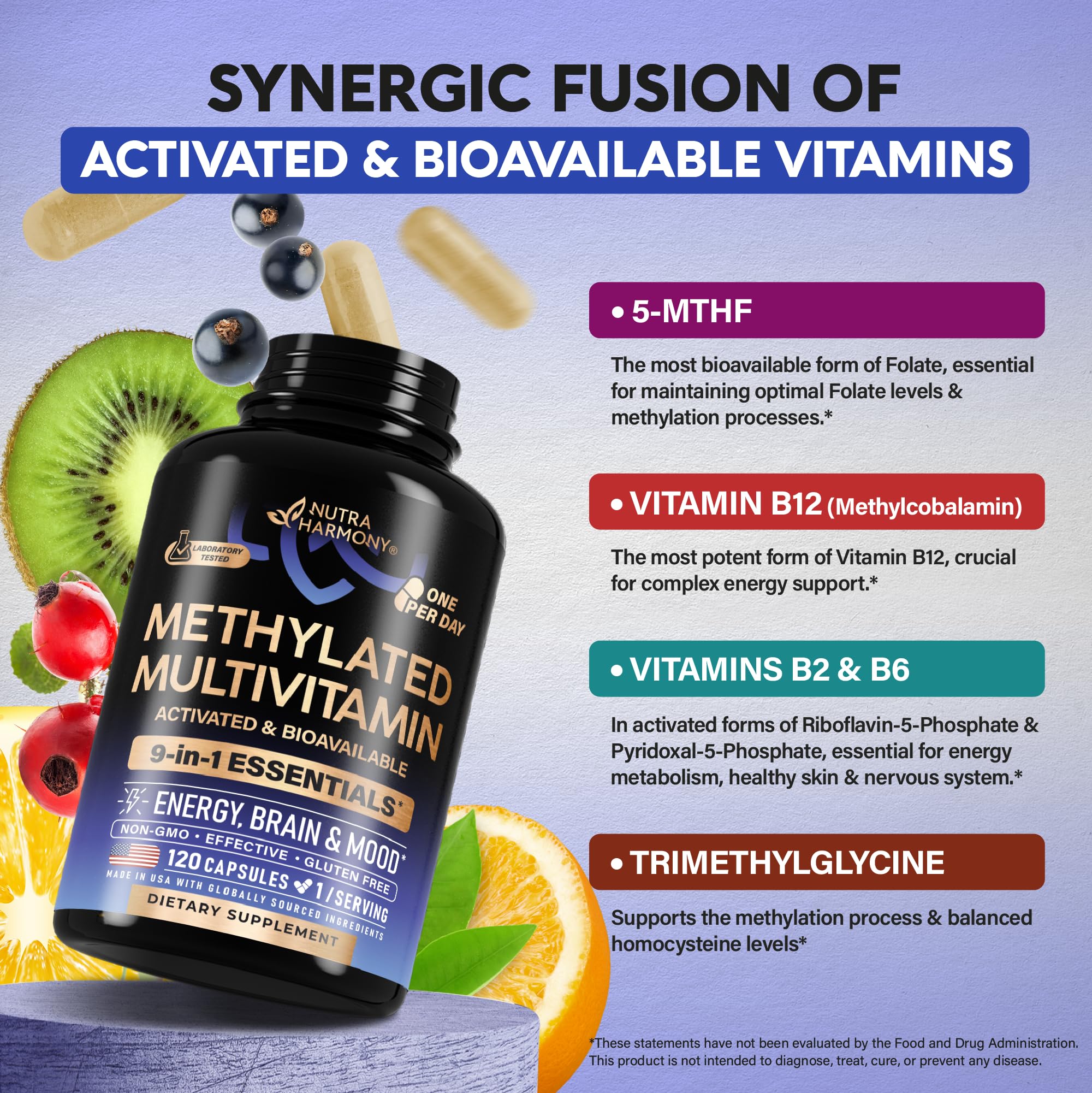 NutraHarmony bottle label closeup displaying USA-made GMP quality