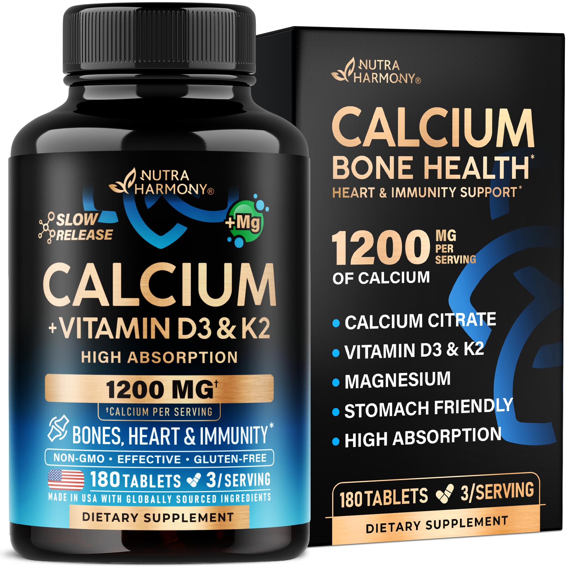 NutraHarmony Calcium 1200 mg bottle label showing D3 and K2 for bone support.
