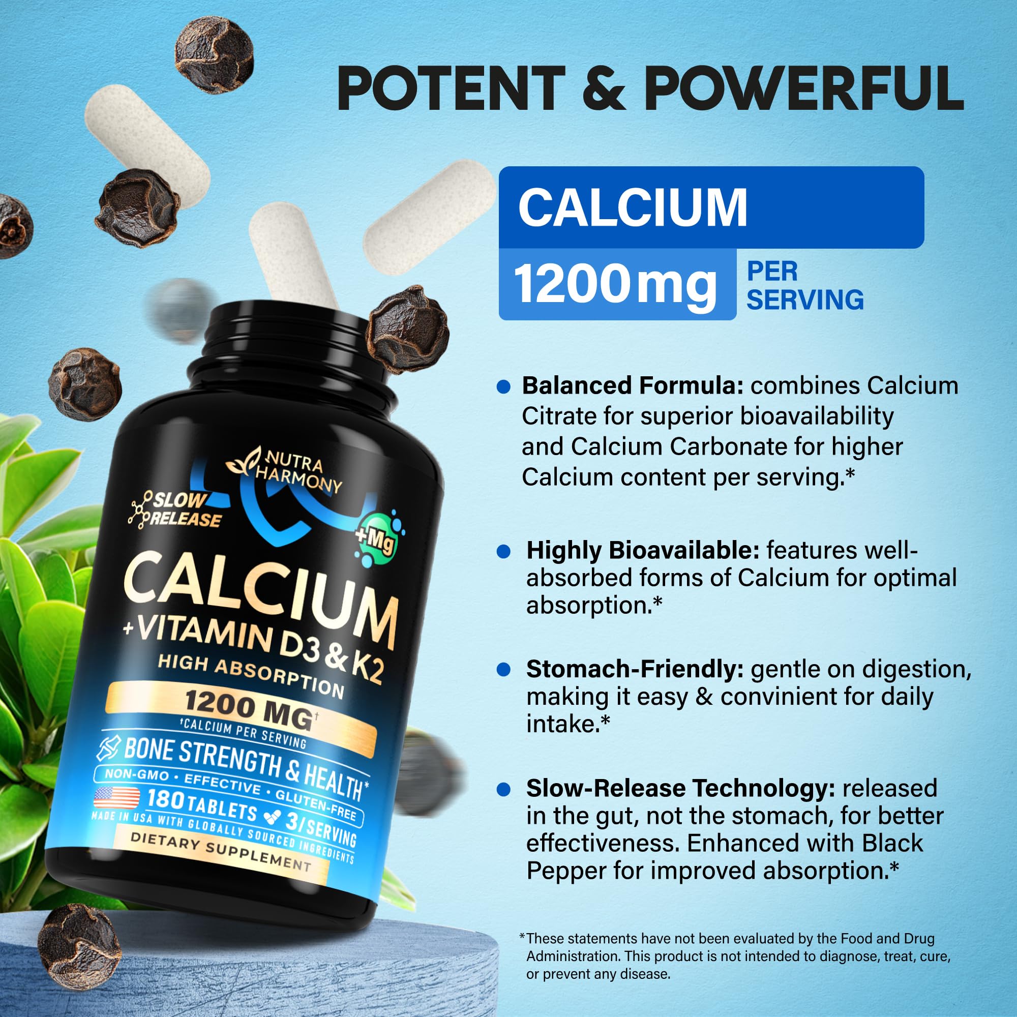 NutraHarmony calcium 1200 mg bottle with Non-GMO and GMP seals.