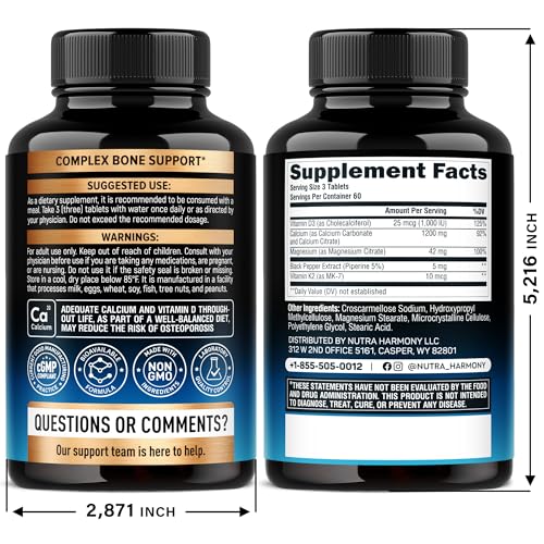 NutraHarmony Calcium 1200 mg tablets close-up showing small round pills for bone health.