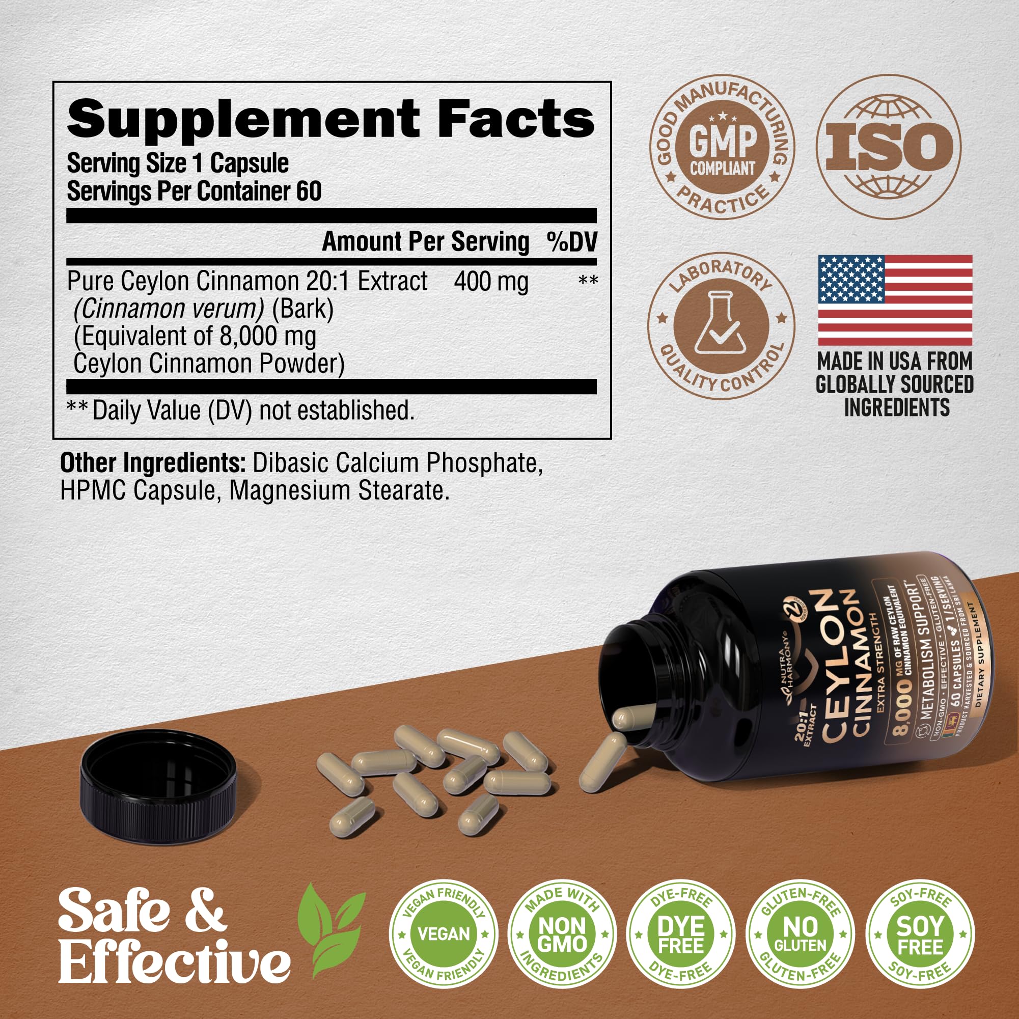 NUTRAHARMONY cinnamon capsules on a clean kitchen counter as part of wellness routine.