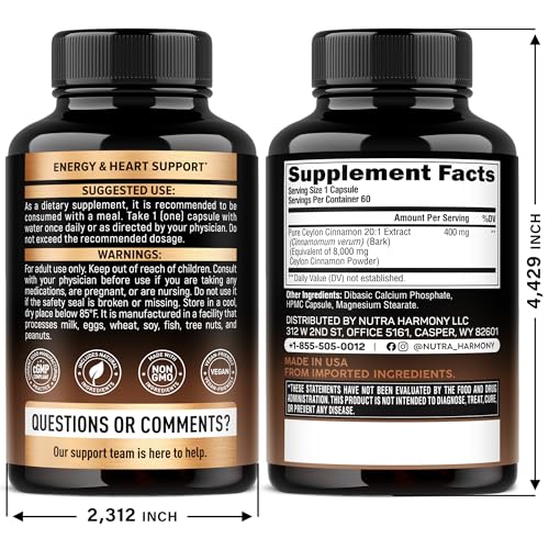 NUTRAHARMONY Ceylon Cinnamon capsules label highlights purity and quality.