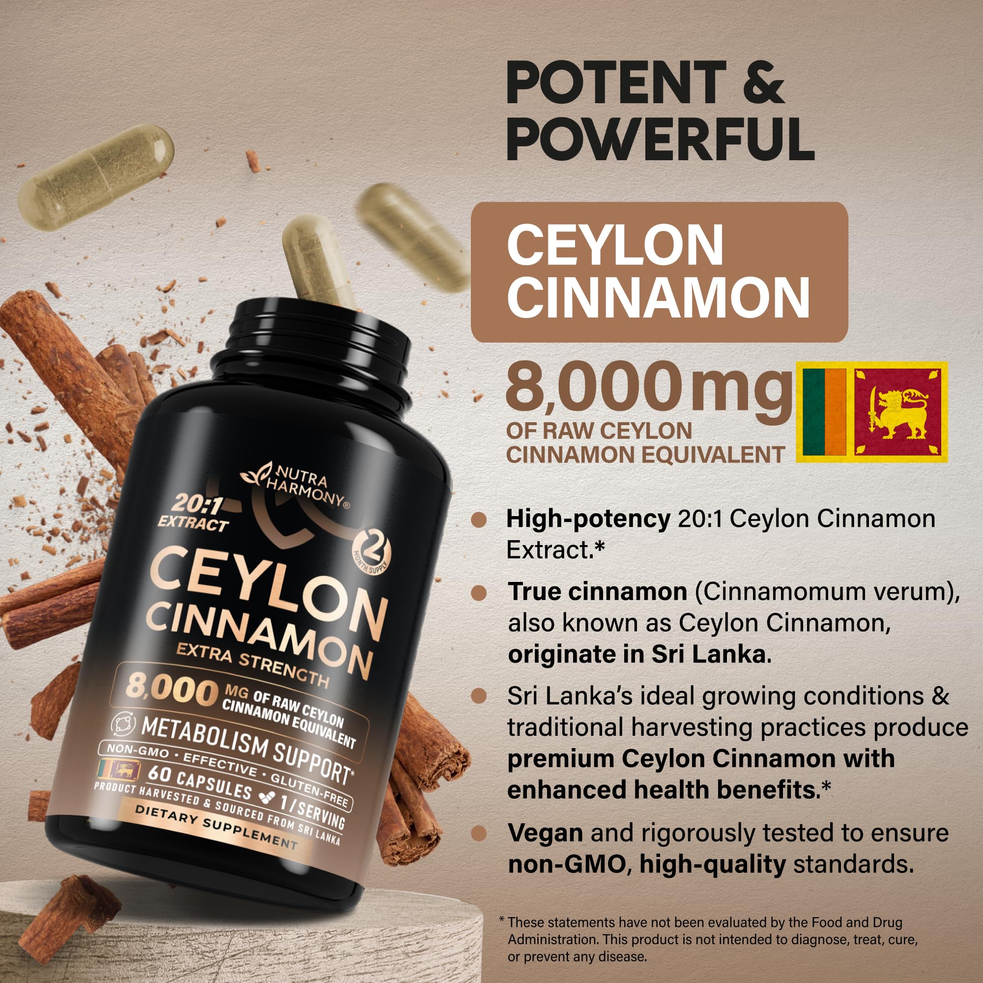 NUTRAHARMONY Ceylon Cinnamon packaging showing gluten-free and dairy-free claims.