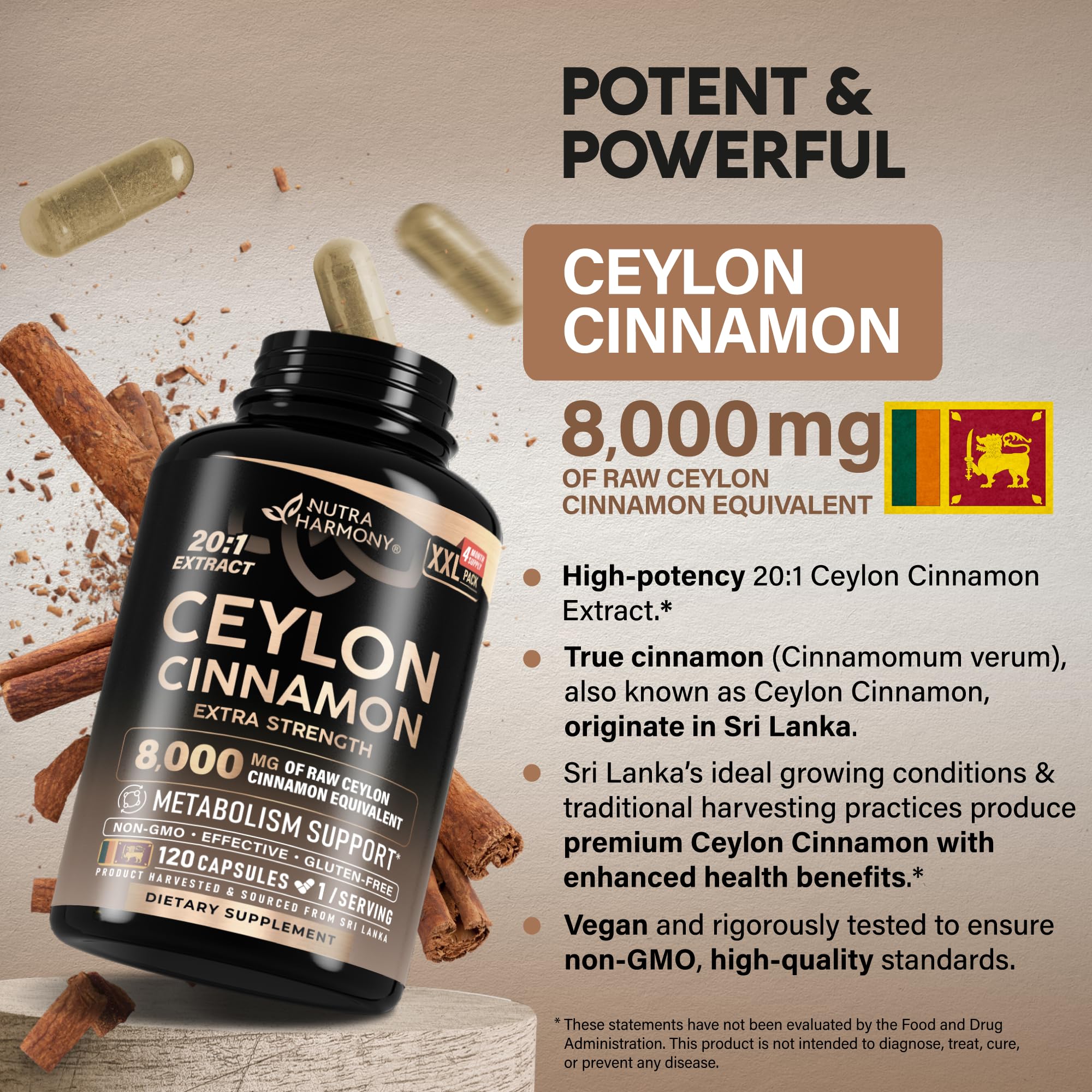 Made in USA badge on NutraHarmony cinnamon capsules packaging.