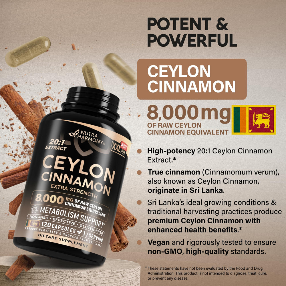 Made in USA badge on NutraHarmony cinnamon capsules packaging.