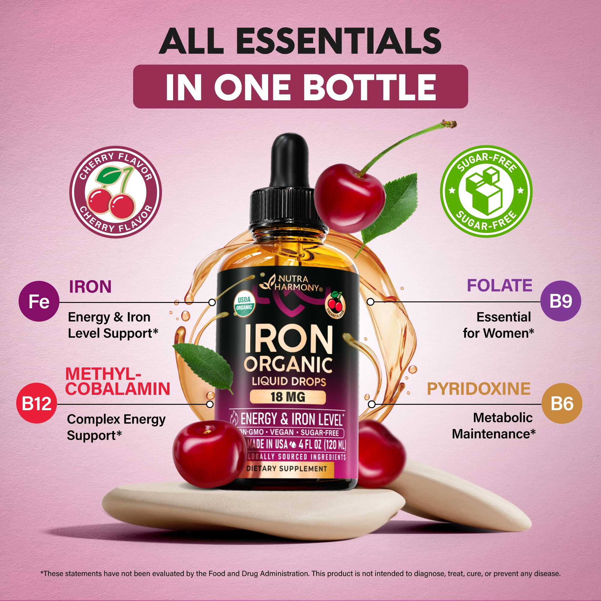 NutraHarmony cherry flavor label communicates sugar-free tasty iron intake