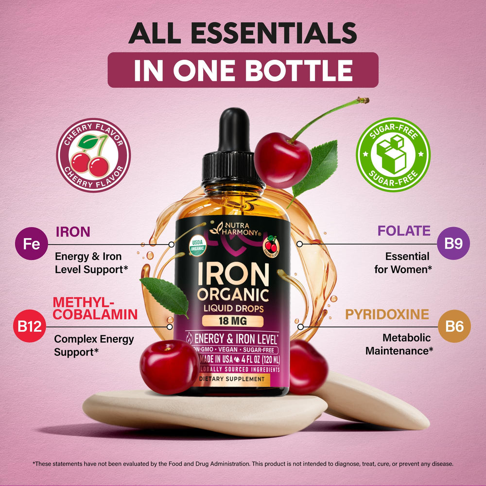 NutraHarmony cherry flavor label communicates sugar-free tasty iron intake