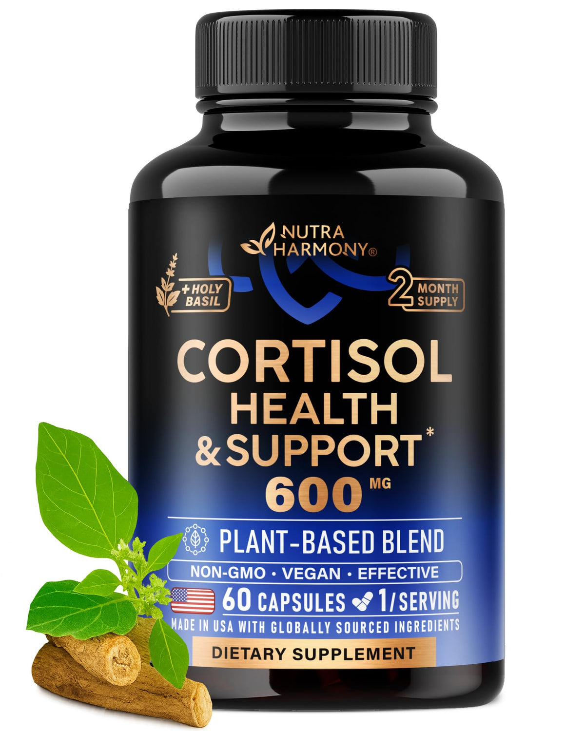 NUTRAHARMONY cortisol supplement bottle supports daily stress balance and overall wellness.