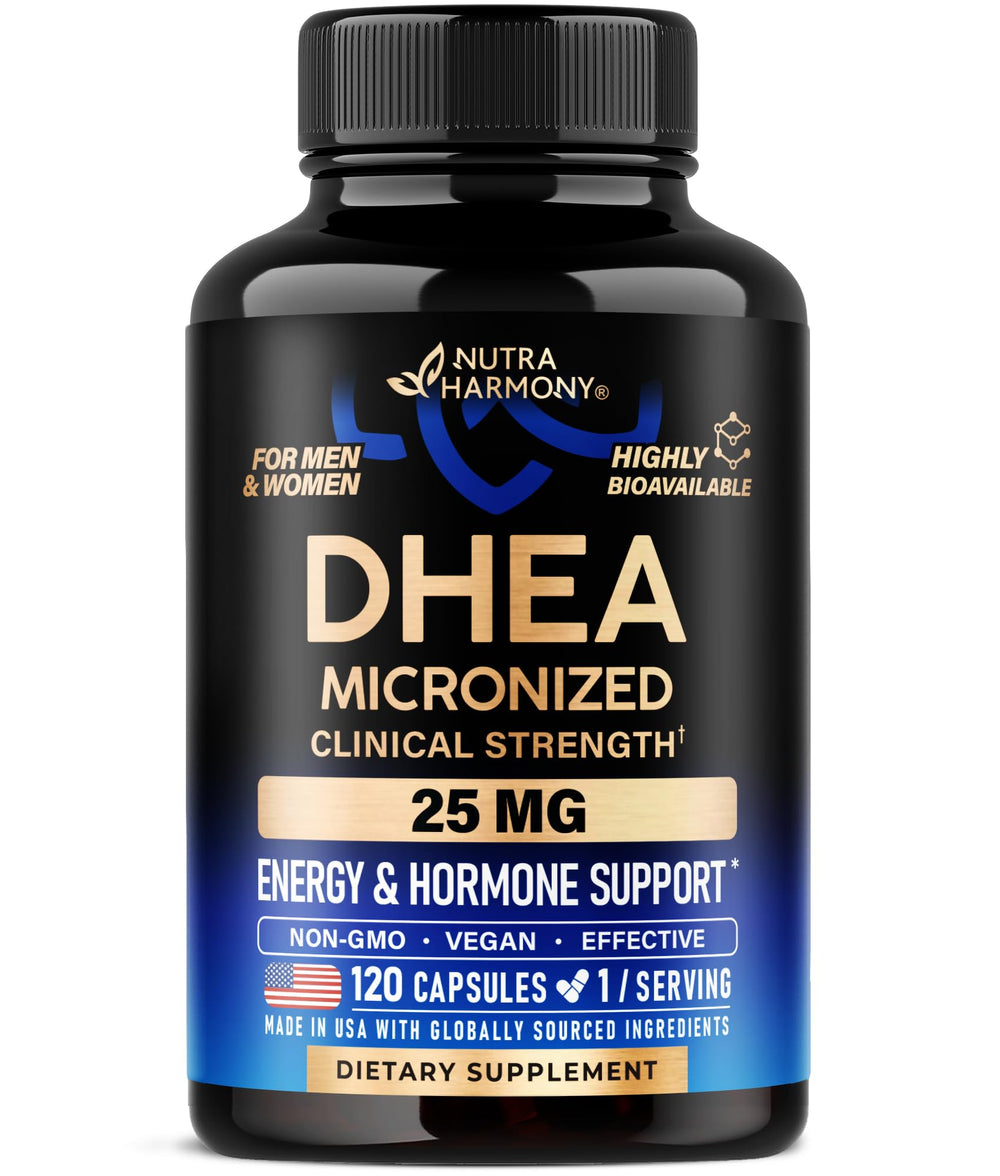 NutraHarmony DHEA 25mg bottle on shelf promoting daily energy and balance.