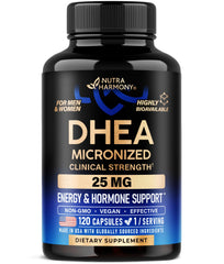 NutraHarmony DHEA 25mg bottle on shelf promoting daily energy and balance.