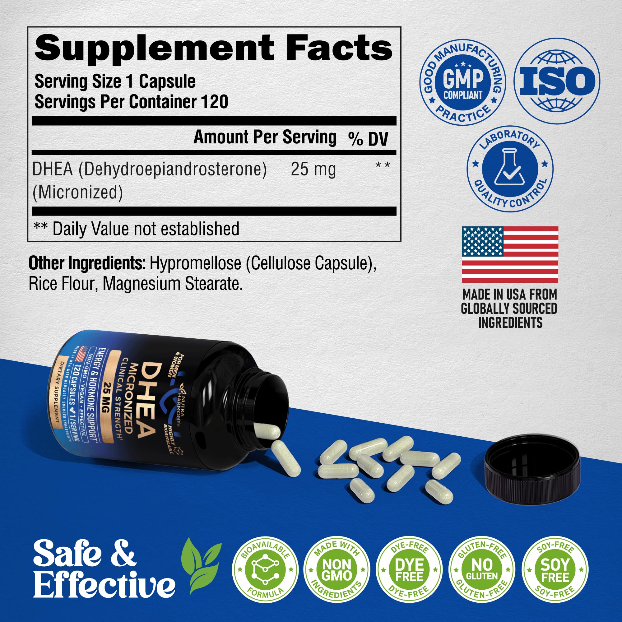 NutraHarmony DHEA bottle with lifestyle imagery suggesting energy.