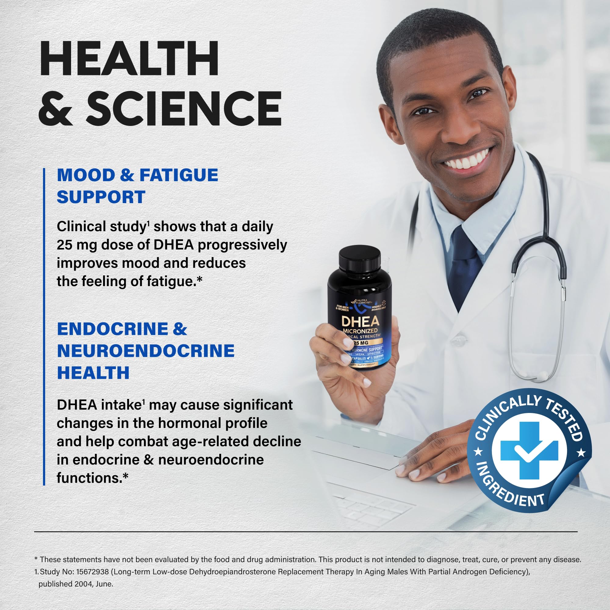 NutraHarmony DHEA gluten-free and dye-free formula on packaging.