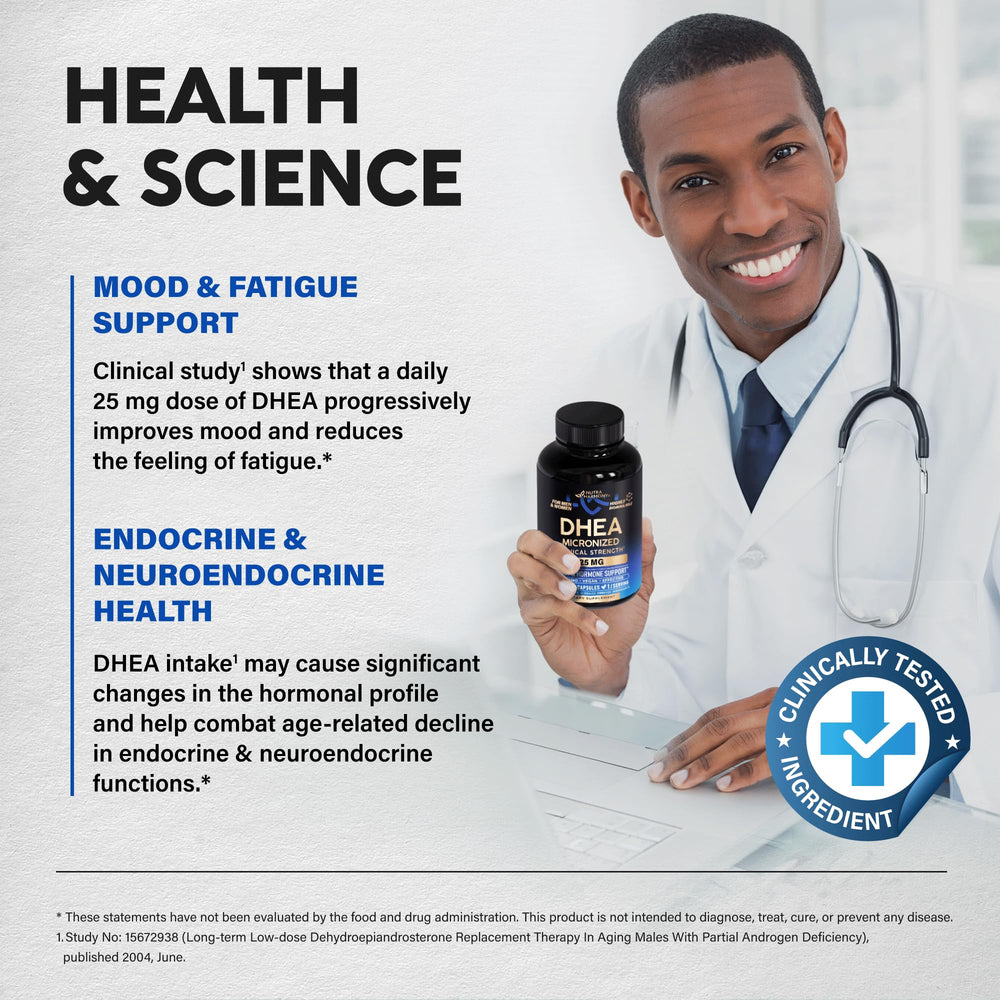 NutraHarmony DHEA gluten-free and dye-free formula on packaging.