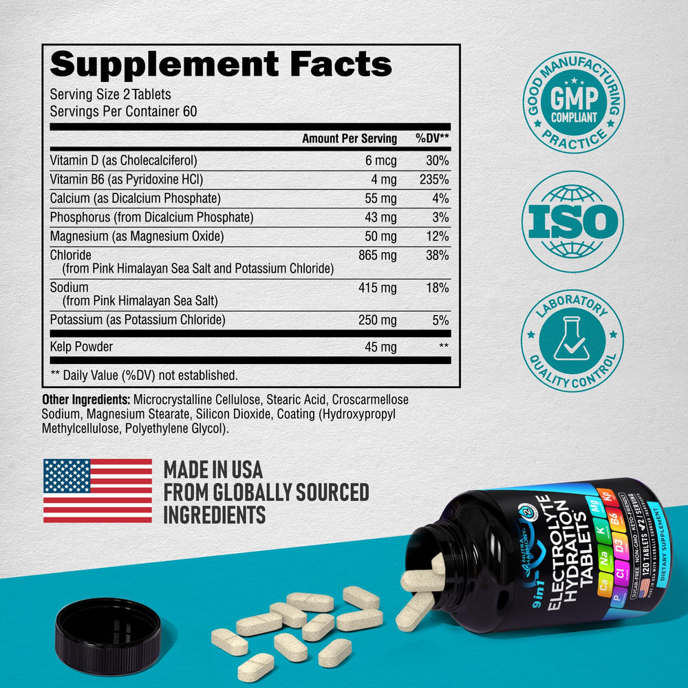 NutraHarmony electrolyte tablets with Vitamin D3 and B6 for nutritional balance.