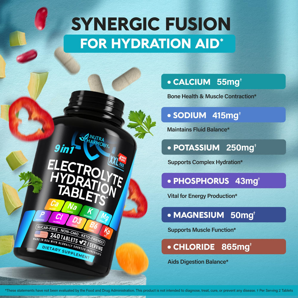 NutraHarmony Electrolytes magnesium and vitamins D3 B6 support daily energy.