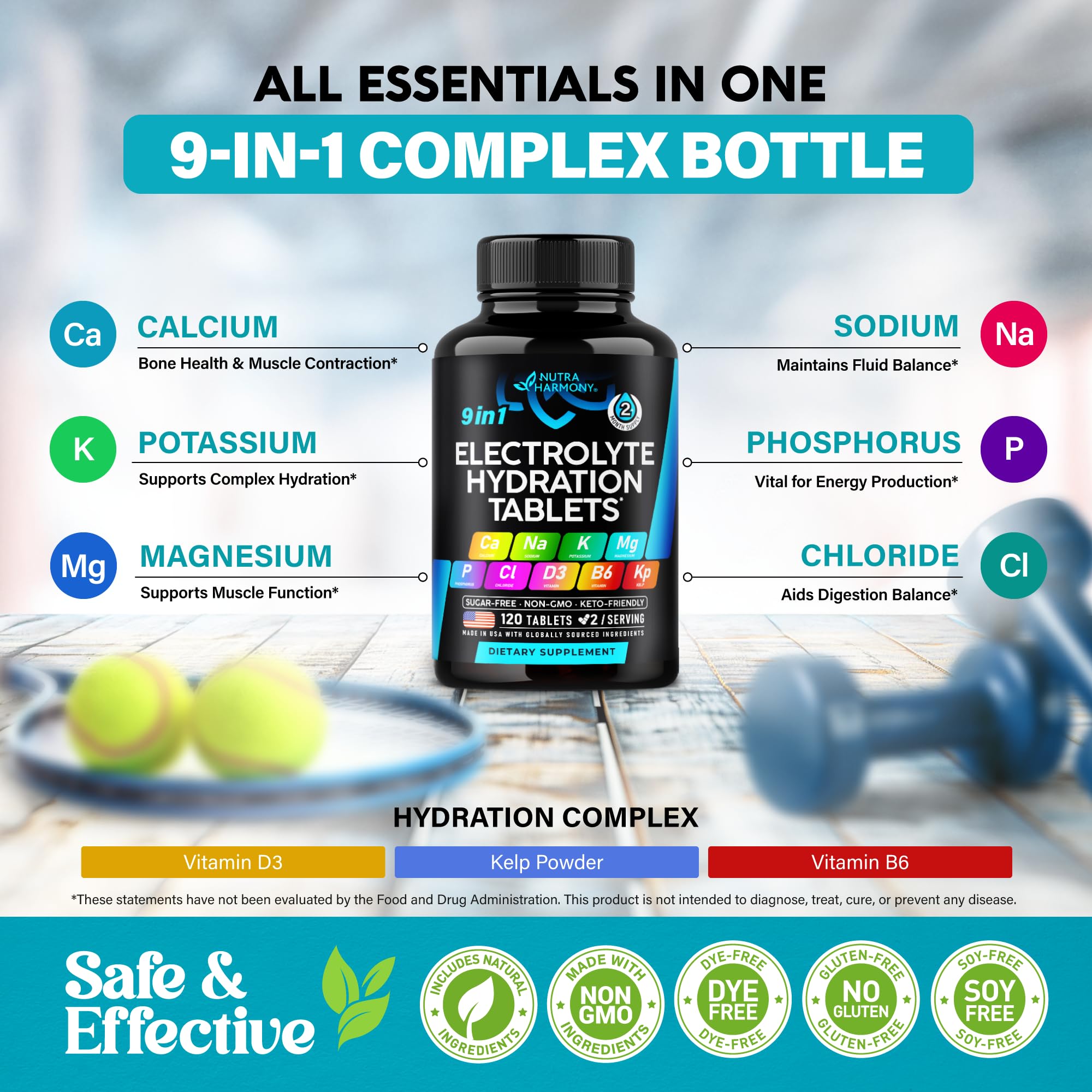 NutraHarmony electrolytes bottle highlighting USA-made quality and safety.