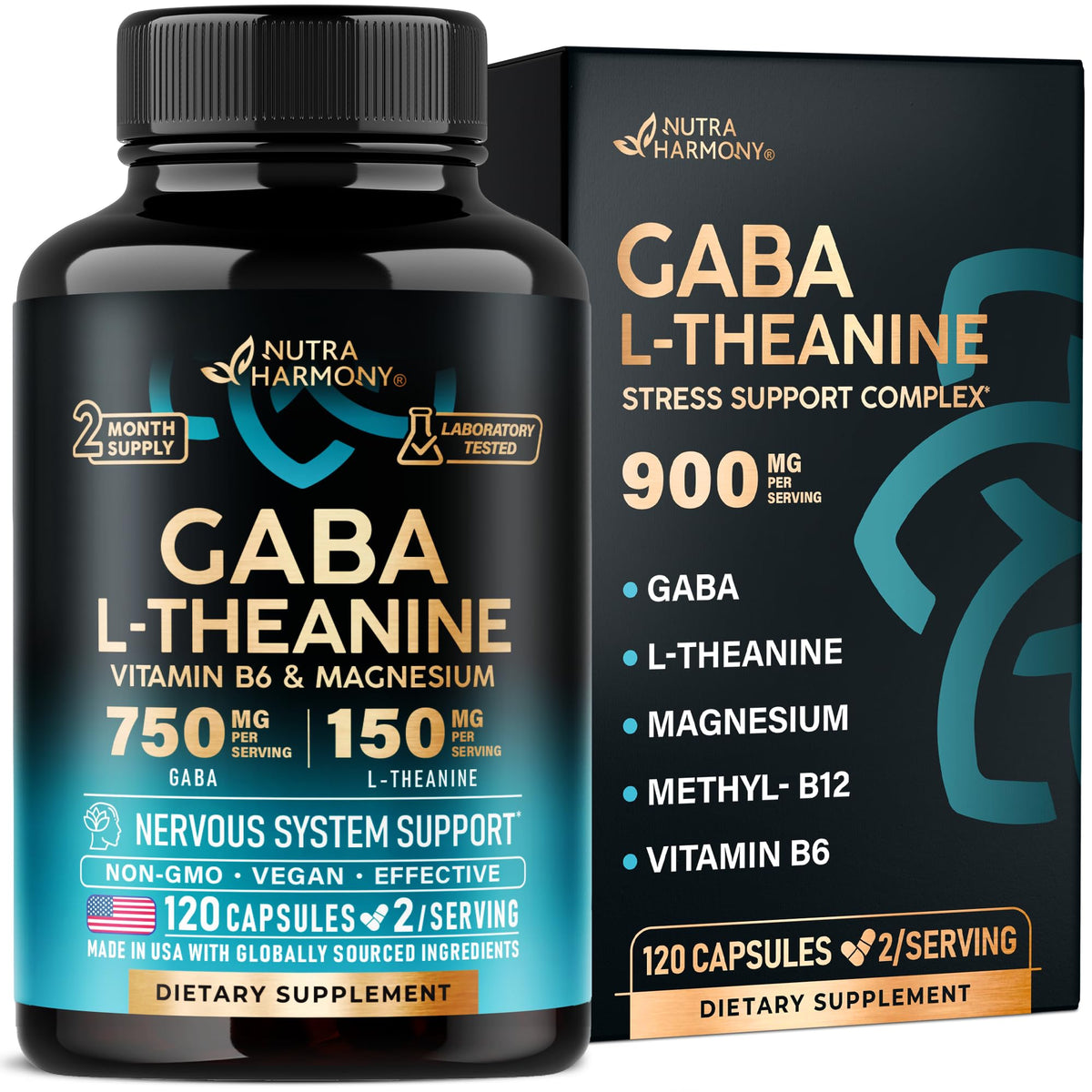 NUTRAHARMONY GABA L-Theanine 900mg bottle promotes calm focus for daily use.