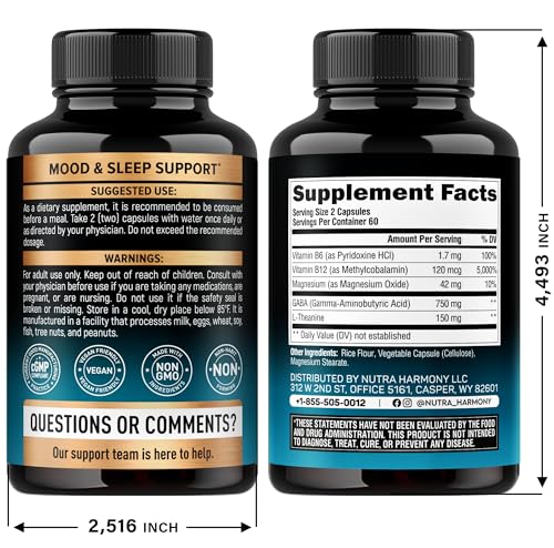 NUTRAHARMONY GABA L-Theanine capsules closeup supports relaxed mood naturally.
