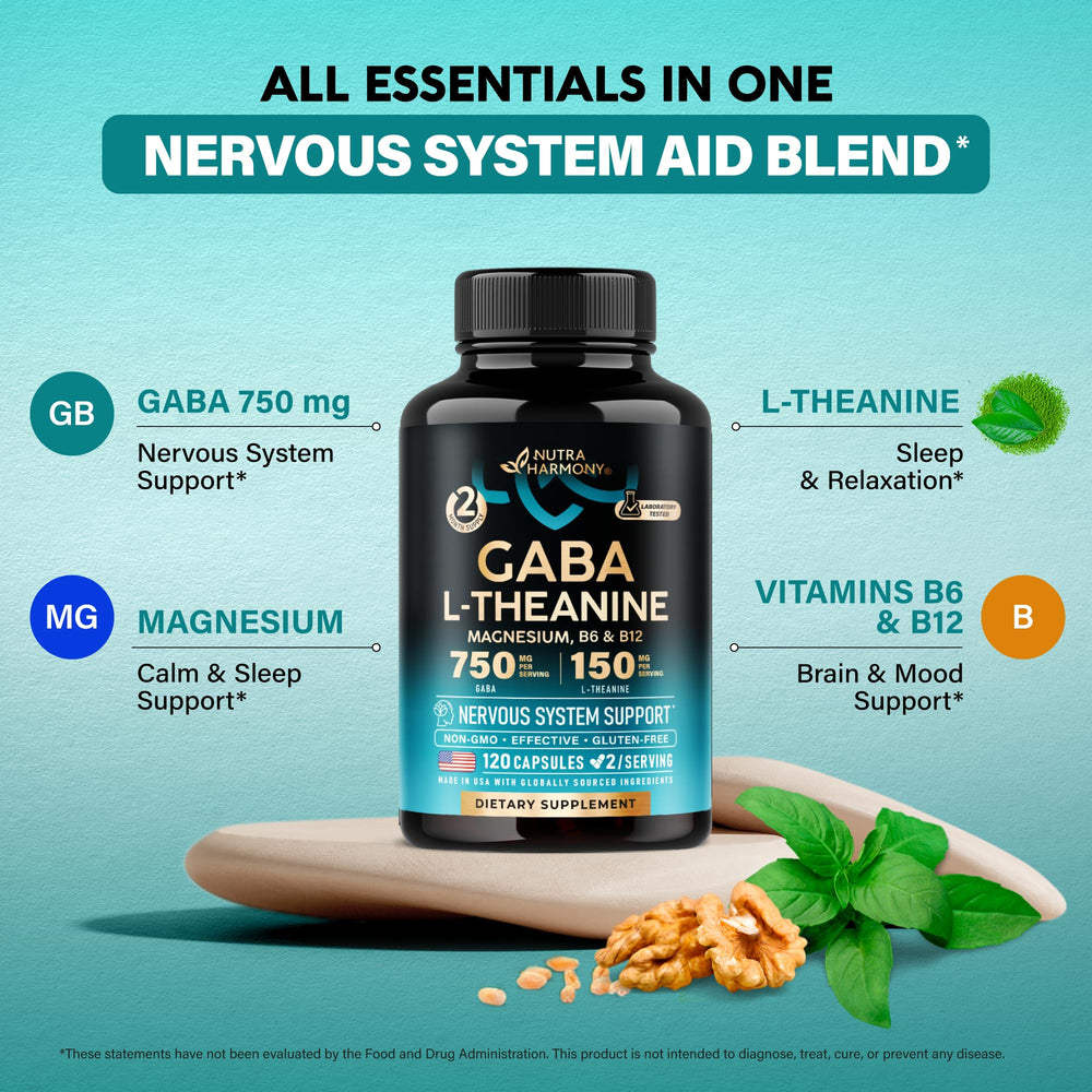 NUTRAHARMONY GABA L-Theanine capsules side view emphasizes easy daily take.