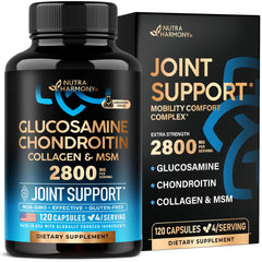 NutraHarmony glucosamine chondroitin MSM collagen bottle front for daily joint support.