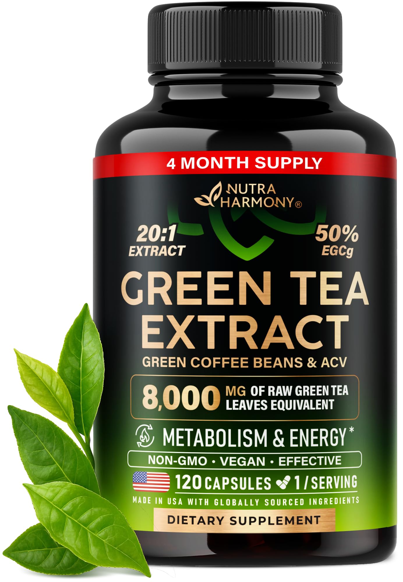 NUTRAHARMONY Green Tea Extract capsules with 50% EGCG for daily antioxidant support.